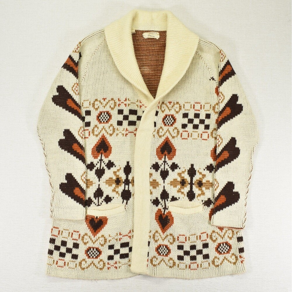 Vintage 70s JCPenney Heart Cardigan Shawl Collar Cowichan Floral Hippie Boho L - Picture 2 of 7